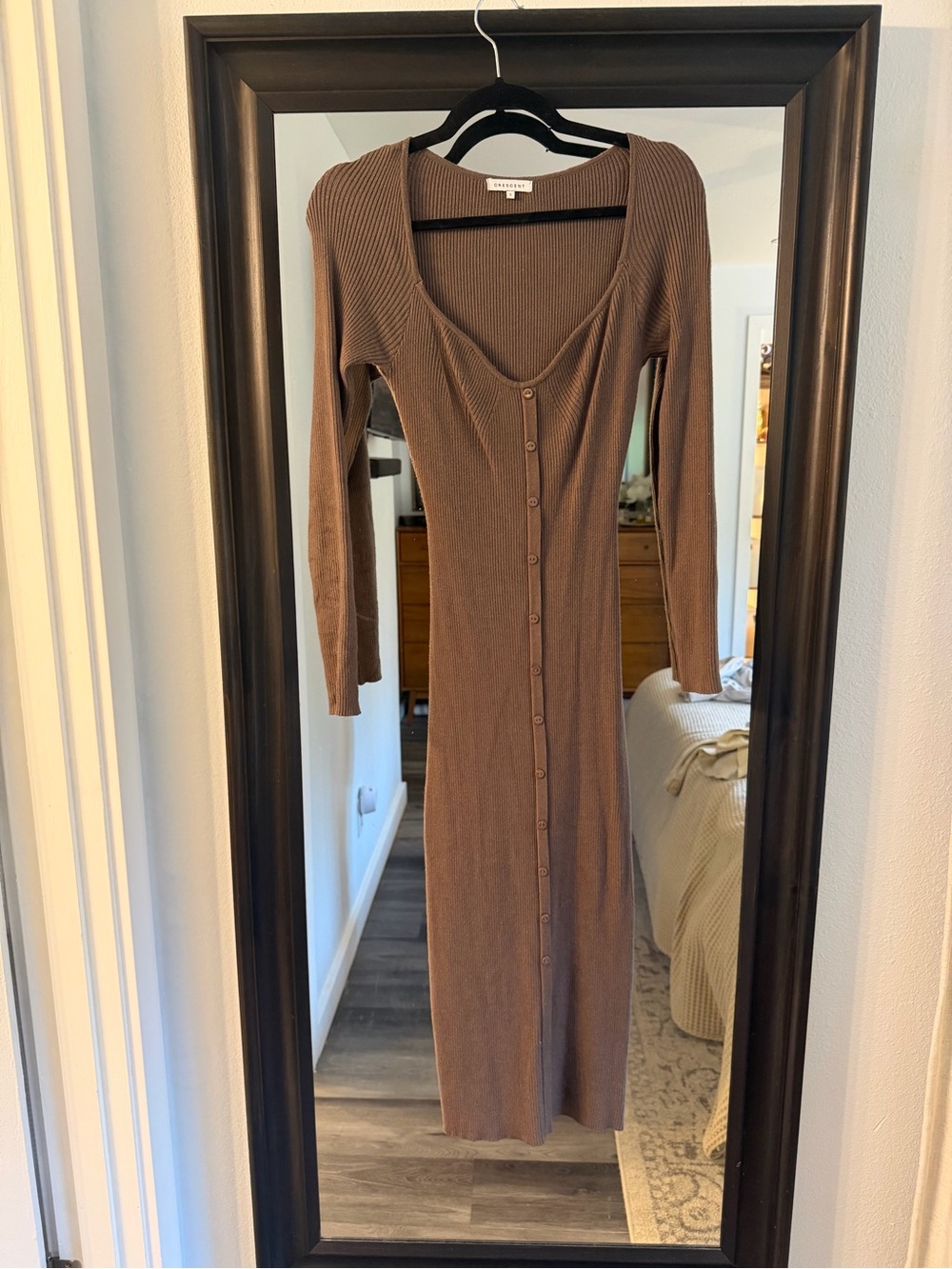 Button-Front Ribbed Midi Dress in Brown